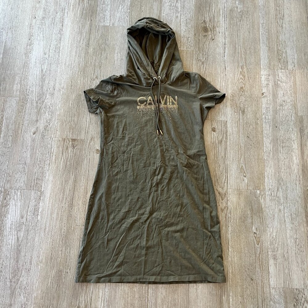 Womens Calvin Klein Green Hooded Tshirt Dress - L